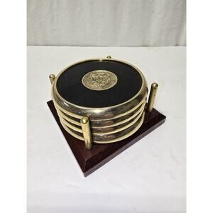 Vtg Brass Leather Coasters And Stand, Deus Meus Et Omnia, Set Of 4